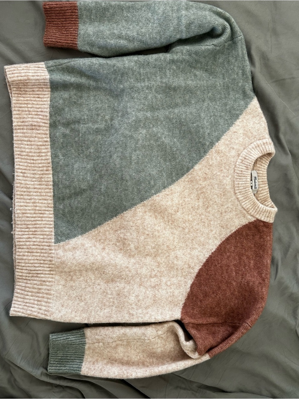 Madewell Colorblock Crewneck Sweater in Sage, Cream & Rust